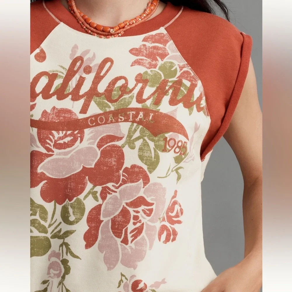 🌺 ANTHROPOLOGIE Pilcro Muscle Sweatshirt Tank in California Poppy Flower Red - Picture 2 of 15